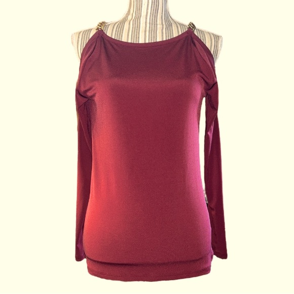 Michael Kors Off Shoulder Gold Chain Link Strap Burgundy Red Top, Size XS - Picture 1 of 3